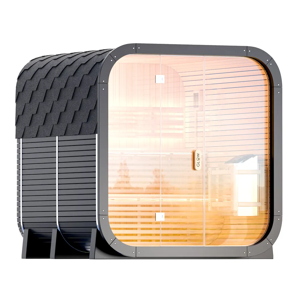 The Glow Signature sauna, three-quarter view, from the renders we delivered.